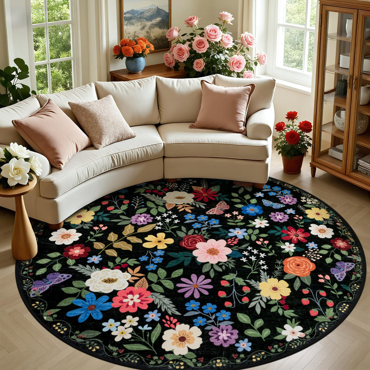 PLHXFR Area Rug Living Room: 5x7 Floral Washable Boho Carpet Dark Green