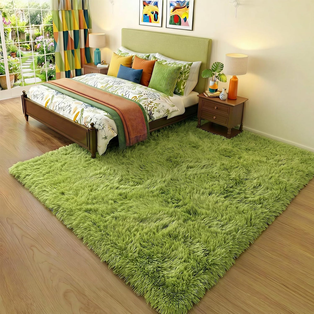 Amdrebio Grass Green Fluffy Area Rug 4x6 for Bedroom Classroom Living Room