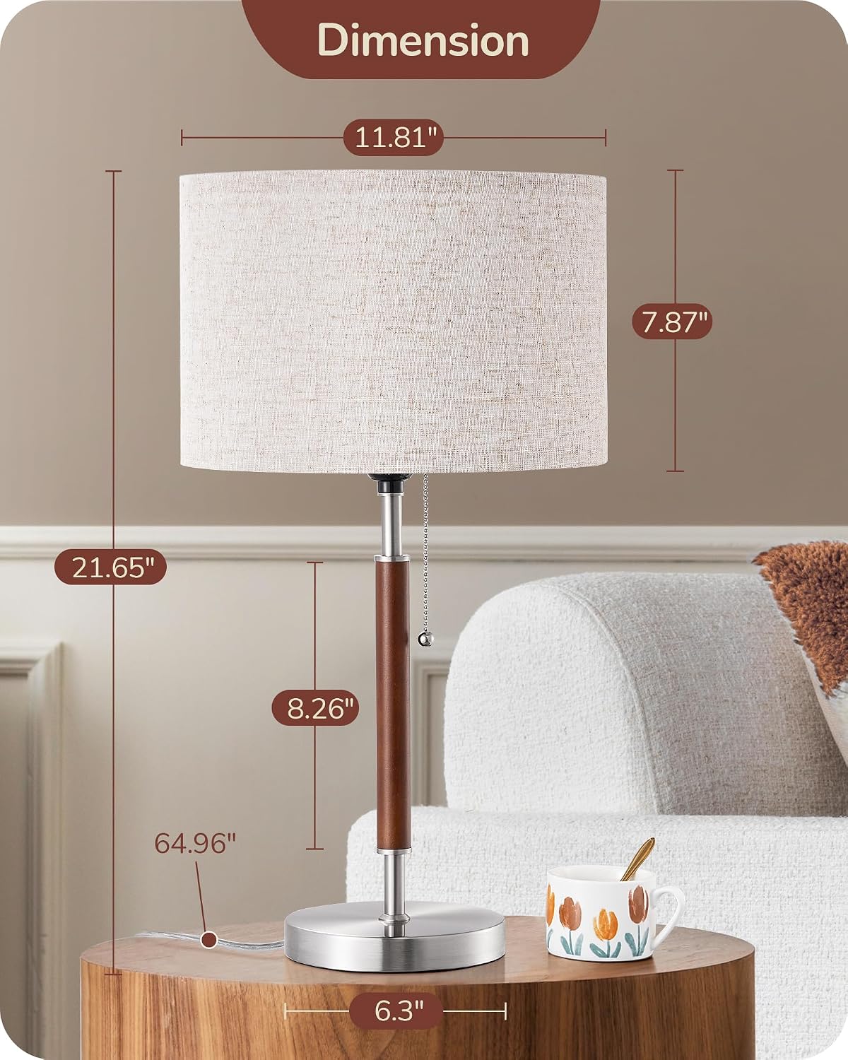 EDISHINE Mid Century Table Lamp, Pull Chain Switch, Bedroom, Living Room