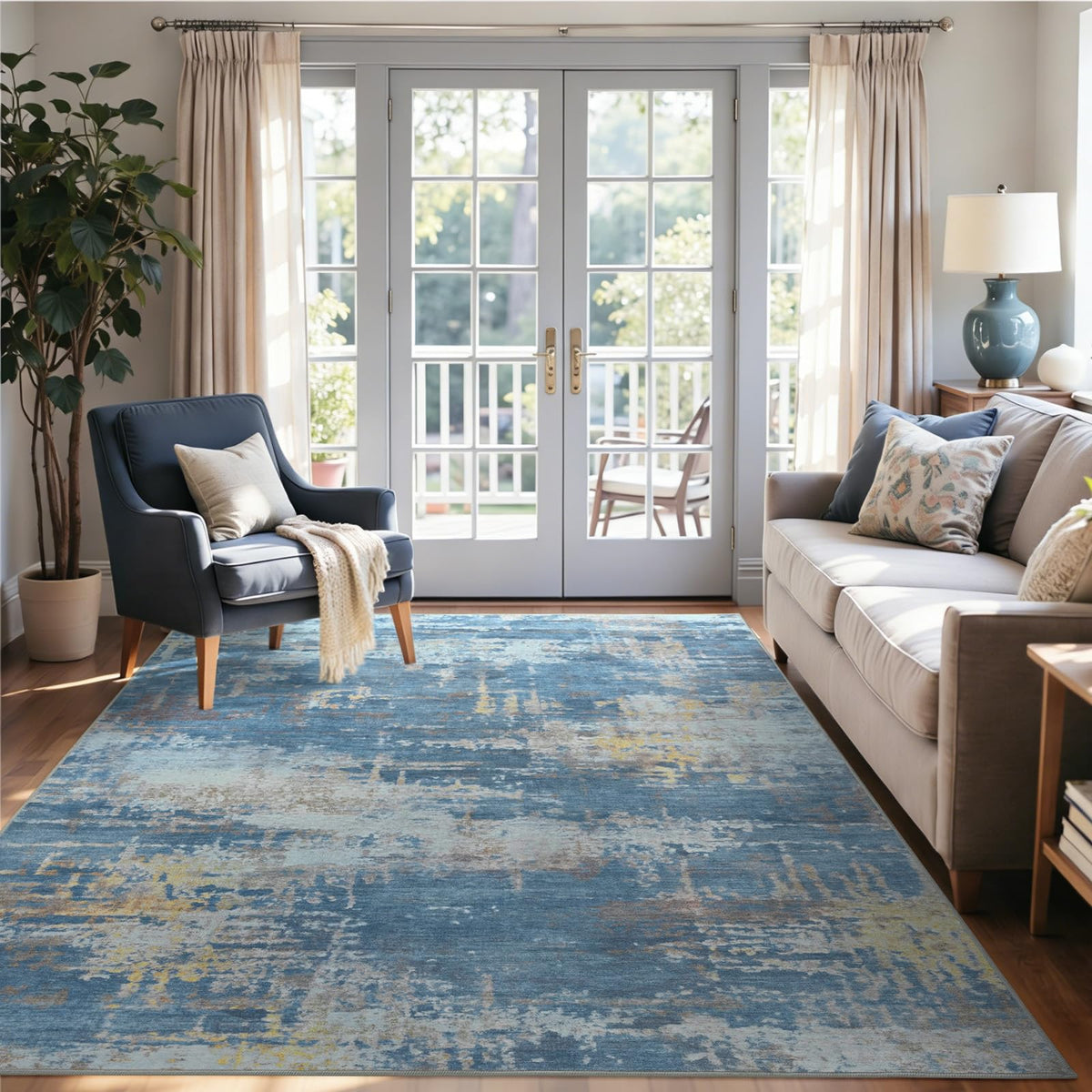 6x9 Ft Abstract Washable Area Rugs for Living Room Blue