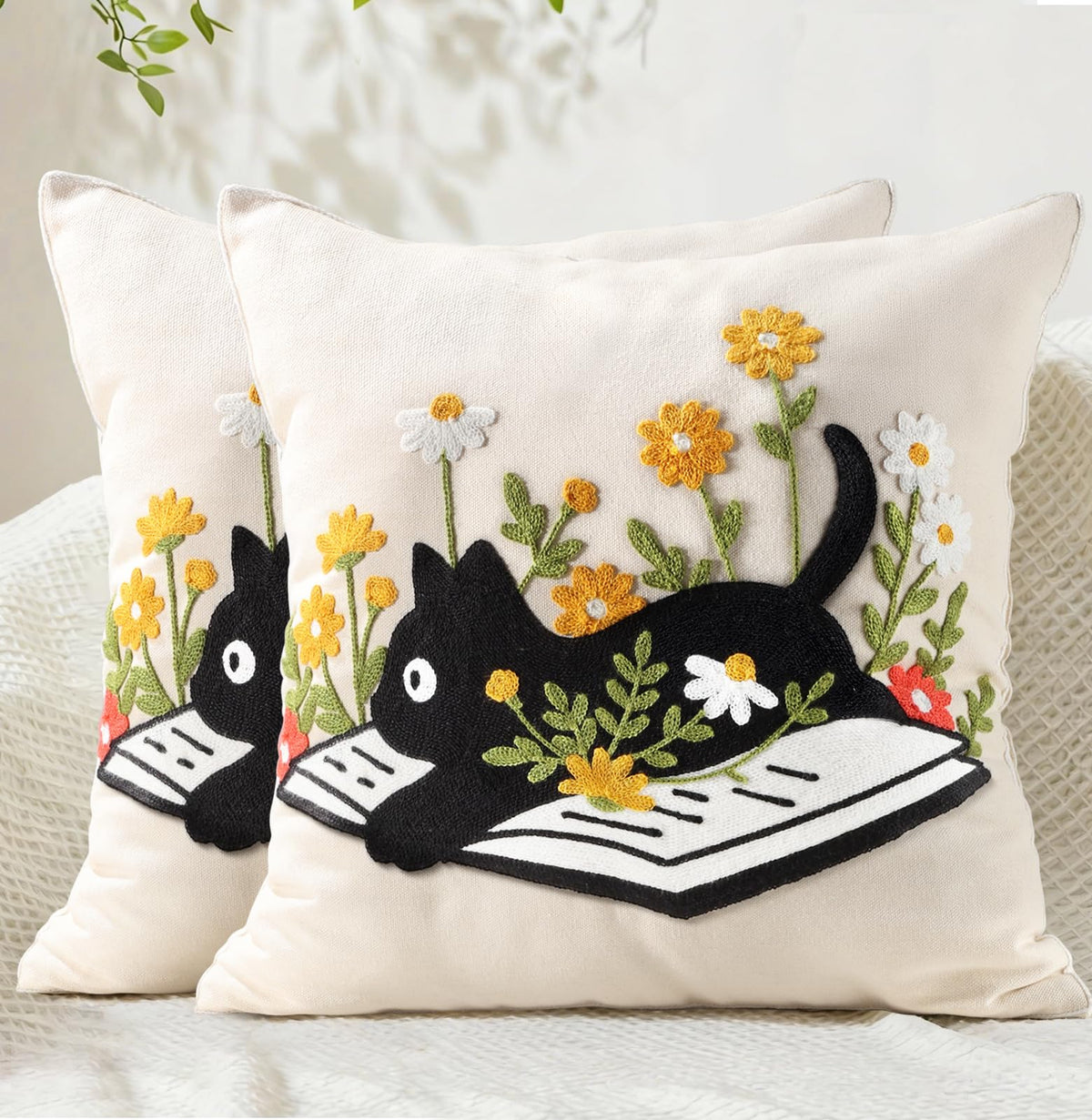 Animal Embroidered Throw Pillow Cover 18x18 Inch, Floral Birds