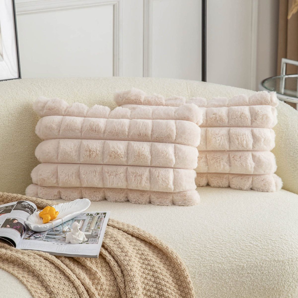 Neelvin Pink Faux Fur Cozy Soft Striped Decorative Throw Pillow Covers 18x18 inch Set of 2,Velvet Pillowcase Cushion Case for Sofa Couch