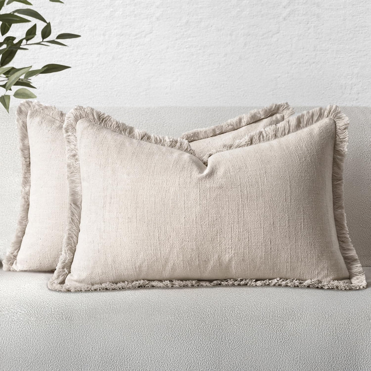 MIULEE Linen Fringe Decorative Throw Pillow Covers Natural Beige 20x20