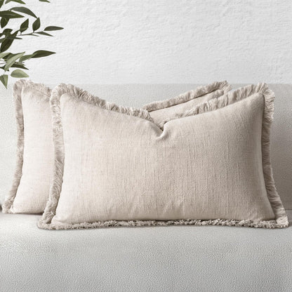 MIULEE Linen Fringe Decorative Throw Pillow Covers Natural Beige 20x20