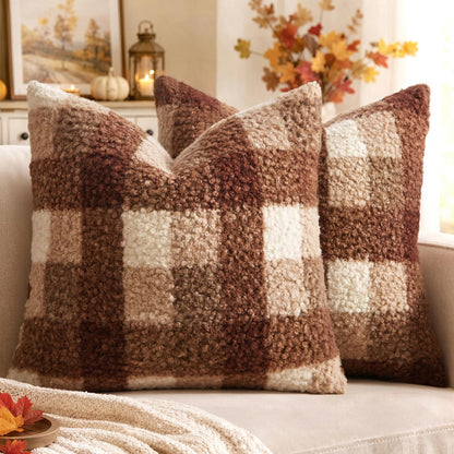 MIULEE Fall Plaid Pillow Covers Boucle Orange 18x18 Set of 2