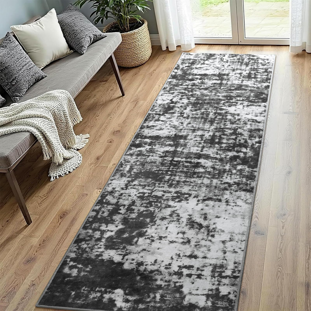 Modern Abstract 3x5 Rug, Non Slip Entryway Rug, Soft Machine Washable Rugs for Indoor Entry, Low Pile Stain Resistant Distressed Rug for Living Room, Bedroom, Dark Grey Blue