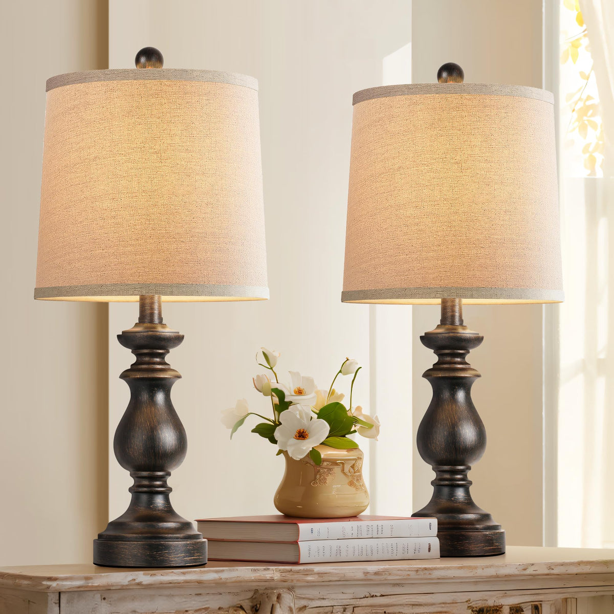 PARTPHONER Traditional Table Lamp Set of 2, Rustic Farmhouse Table Lamps for Living Room Bedroom, 22" Bedside Desk Lamps Vintage Nightstand Lamps with Linen Shades, Black