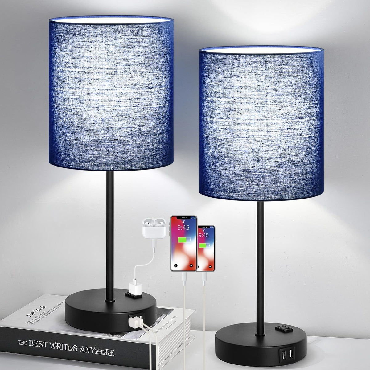 Set of 2 Touch Control Table Lamps with 2 USB & AC Outlet, 3-Way Dimmable Bedside Nightstand Lamps for Bedroom Living Room Nursery, 800 Lumens 5000K Daylight Bulbs Included