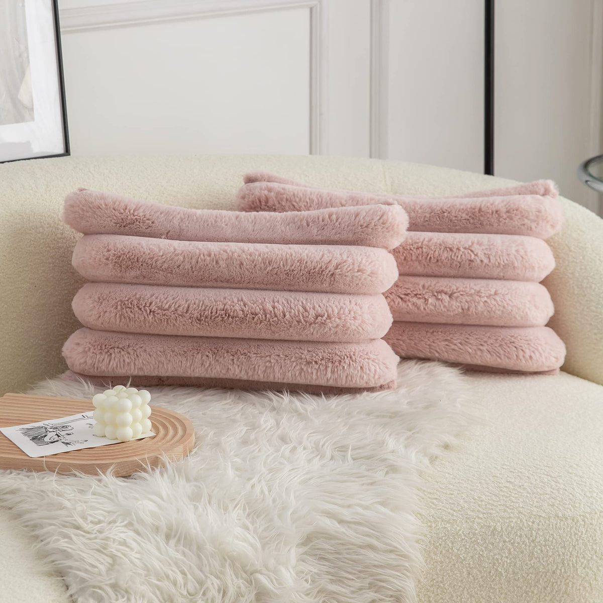 Neelvin Pink Faux Fur Cozy Soft Striped Decorative Throw Pillow Covers 18x18 inch Set of 2,Velvet Pillowcase Cushion Case for Sofa Couch