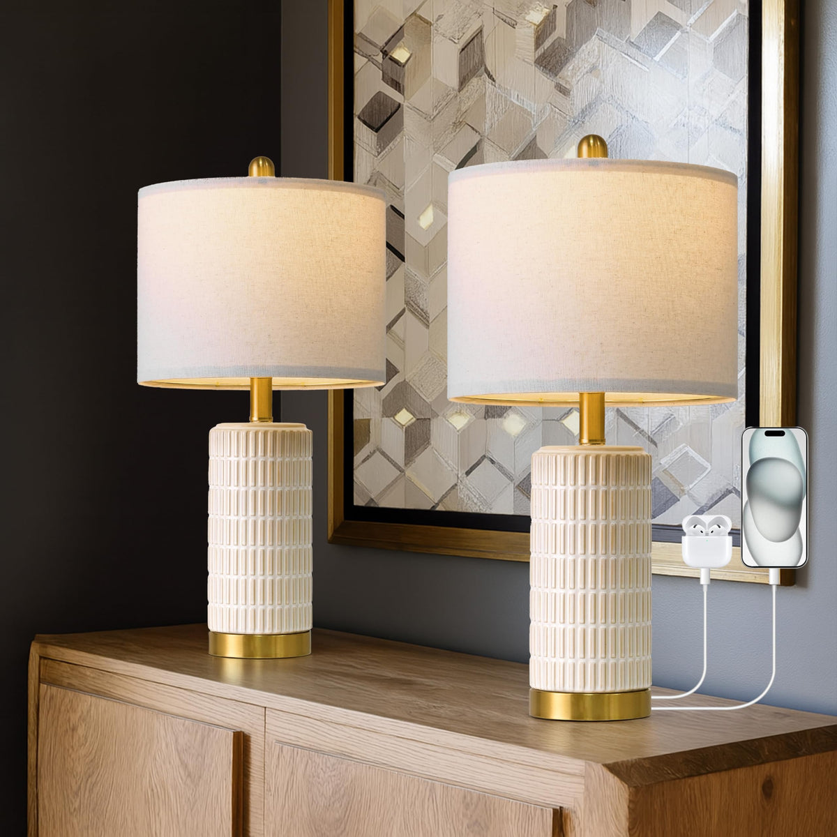 PoKat 20.75" Small Modern Ceramic Table Lamps Set of 2 for Bedroom, White