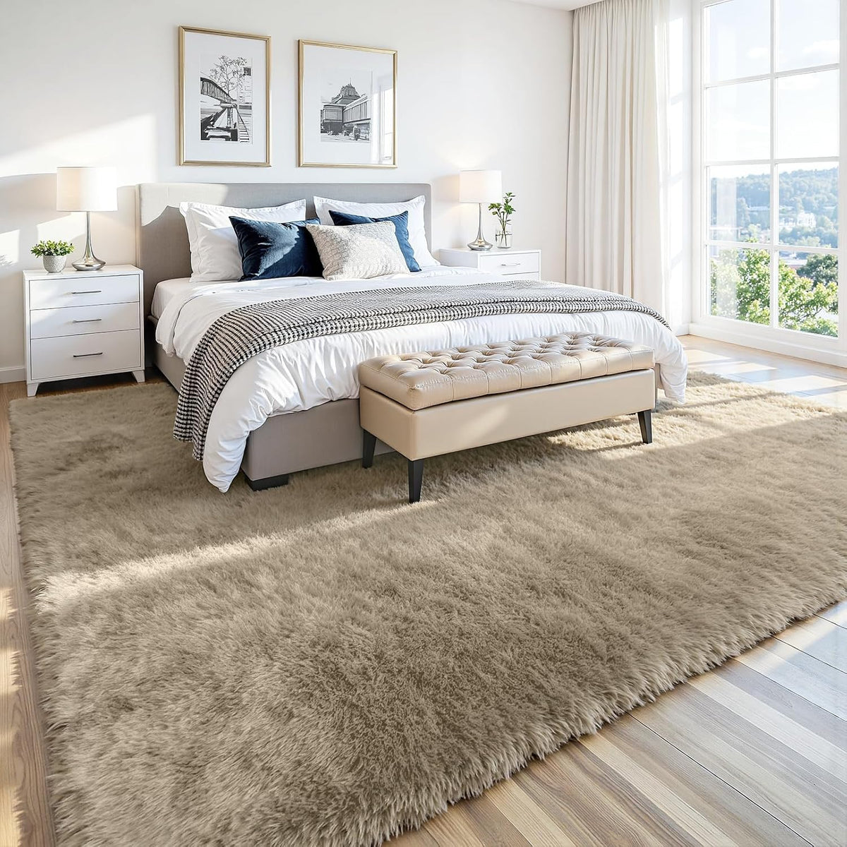 8x10 Fluffy Area Rug for Living Room: Non-Slip Grey Camel Bedroom Carpet