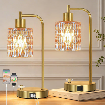 Green Glass Table Lamps Set of 2, Dimmable Bedside Lamps for Living Room