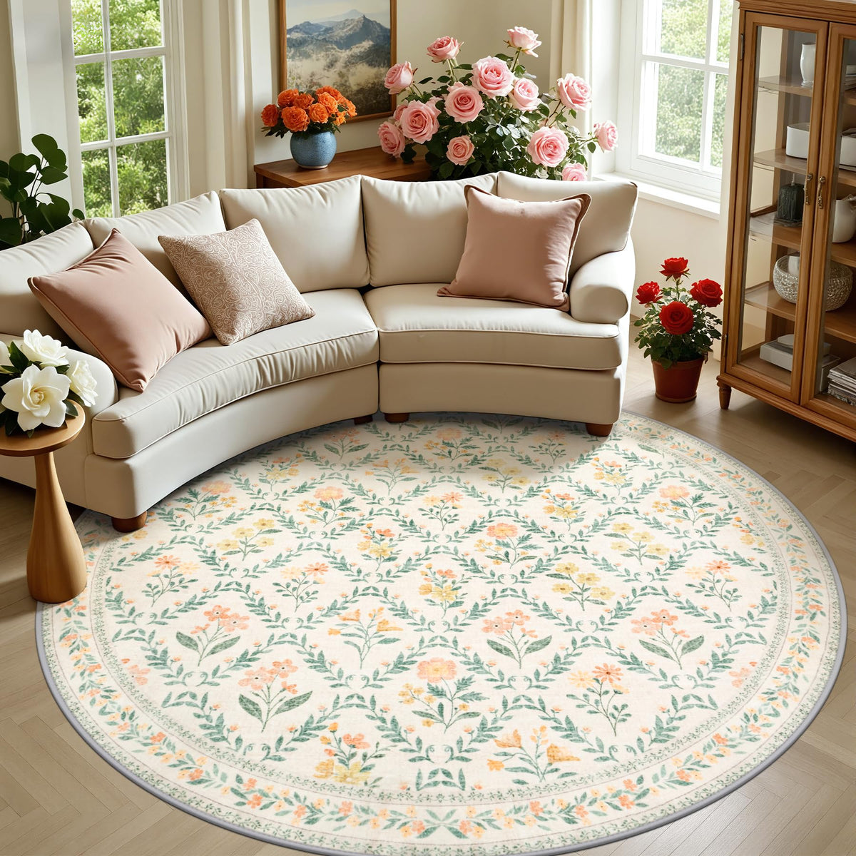 PLHXFR Area Rug Living Room: 5x7 Floral Washable Boho Carpet Dark Green