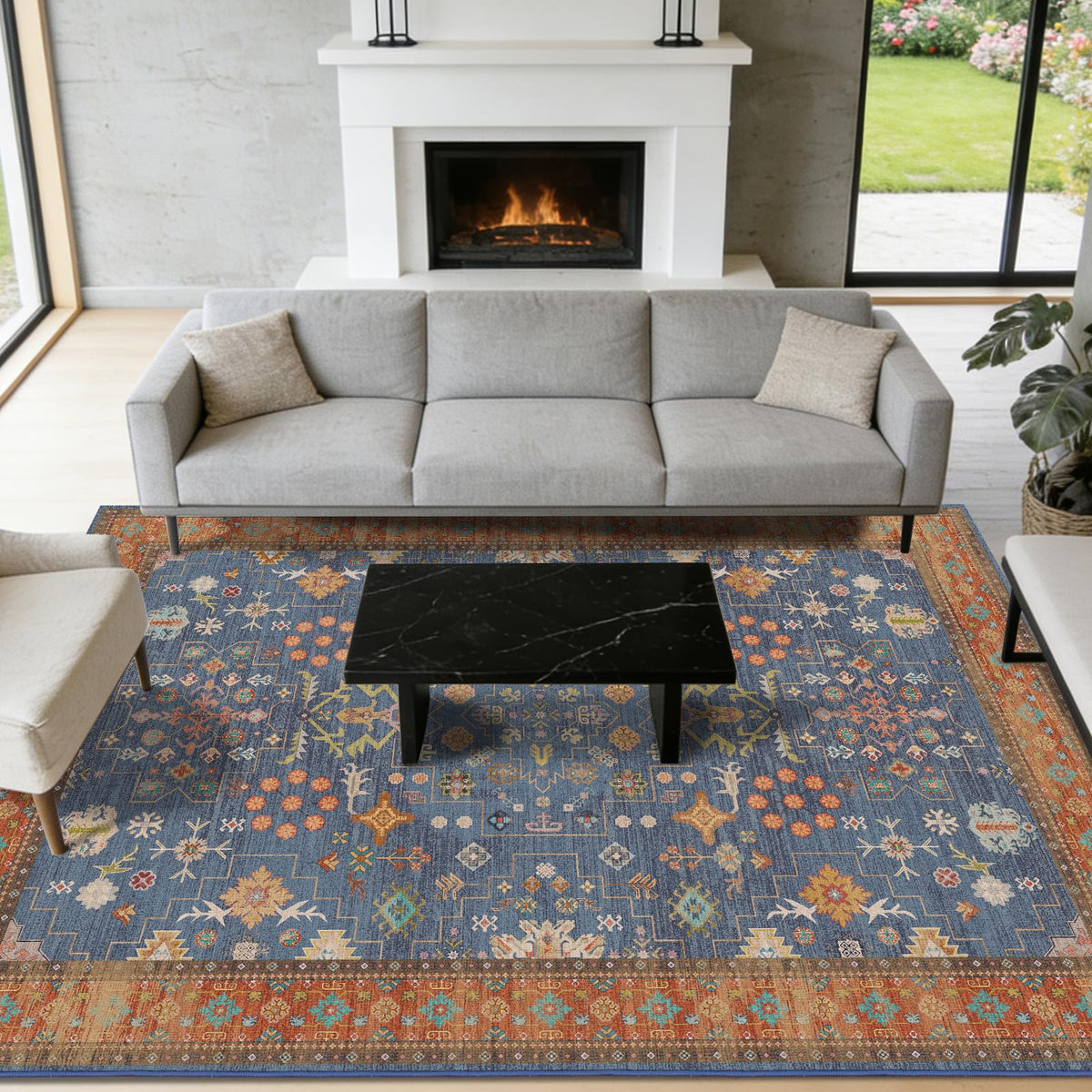 8x10 Washable Area Rugs for Living Room (Charcoal Blush Ivory)