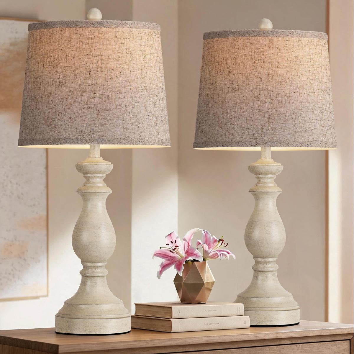 PARTPHONER Traditional Table Lamp Set of 2, Rustic Farmhouse Table Lamps for Living Room Bedroom, 22" Bedside Desk Lamps Vintage Nightstand Lamps with Linen Shades, Black