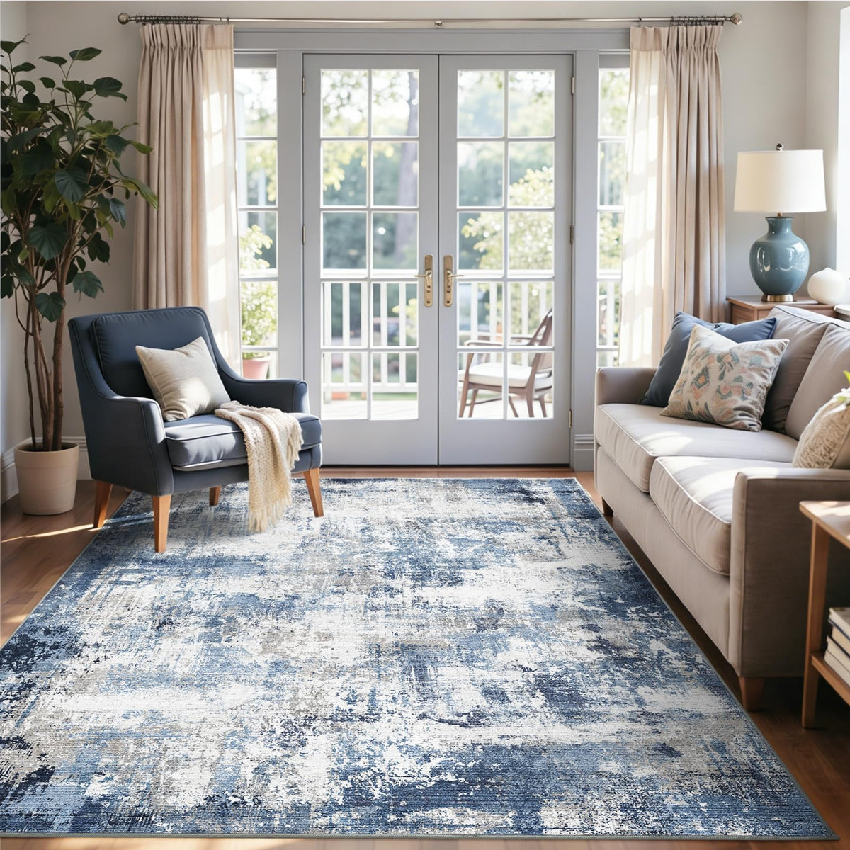 6x9 Ft Abstract Washable Area Rugs for Living Room Blue