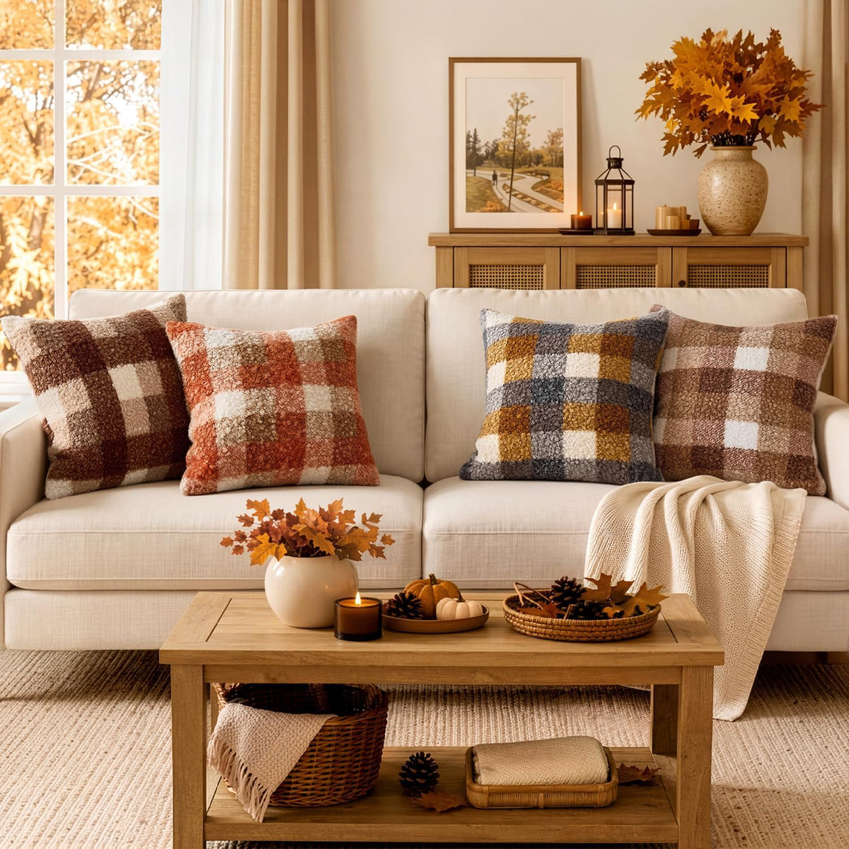 MIULEE Fall Plaid Pillow Covers Boucle Orange 18x18 Set of 2
