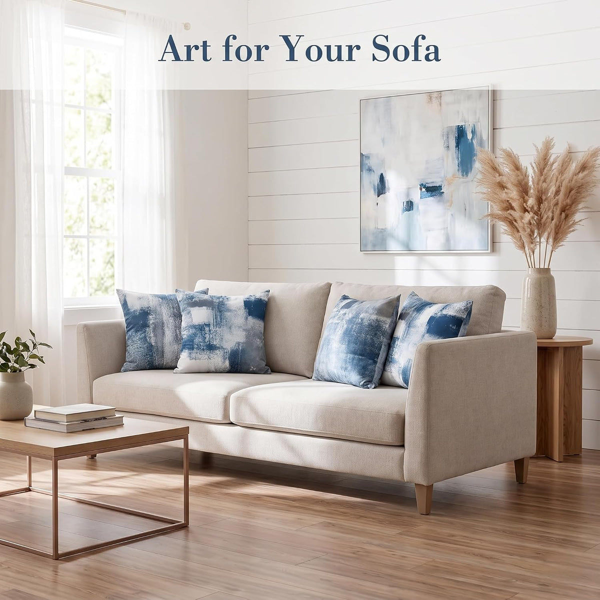 Set of 4 Blue and Grey Abstract Art Artwork Pillow Cover 18 x 18 Inch, Gallery Modern Decorative Throw Pillows Cushion Cover for Bedroom Sofa Living Room