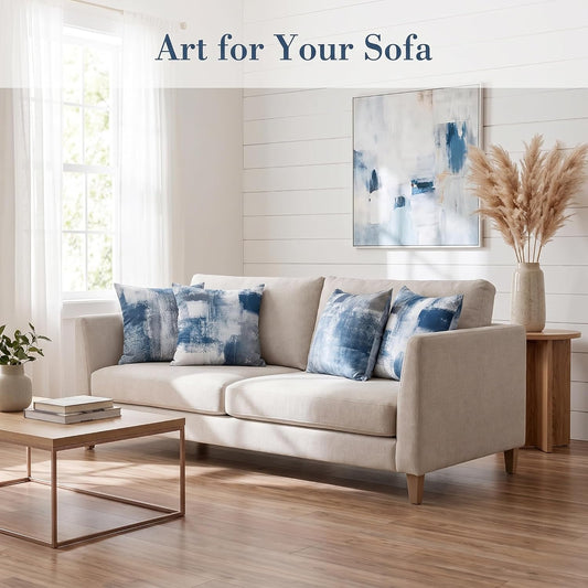 Set of 4 Blue and Grey Abstract Art Artwork Pillow Cover 18 x 18 Inch, Gallery Modern Decorative Throw Pillows Cushion Cover for Bedroom Sofa Living Room