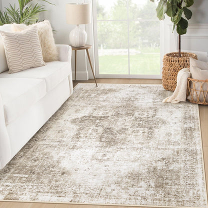 Area Rug 8x10 Washable Rug, Vintage Boho Medallion Rugs Non-Slip Soft Low Pile Large Distressed Rug Indoor Retro Carpet for Living Room Bedroom Dining Room Office Children's Room(Beige, 8'x10')