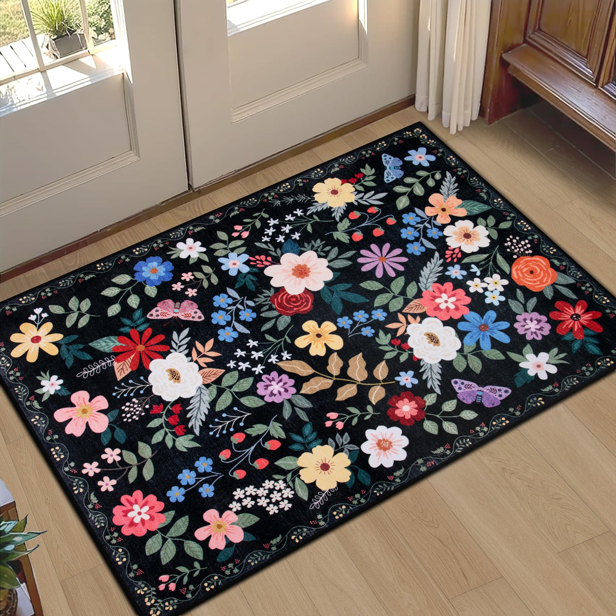 PLHXFR Area Rug Living Room: 5x7 Floral Washable Boho Carpet Dark Green