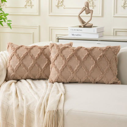 Set of 2 Soft Moroccan Throw Pillow Covers 18x18 Inch Plush Boho Decorative Pillow Cover Accent Cushion Case for Couch Sofa Bed, Beige