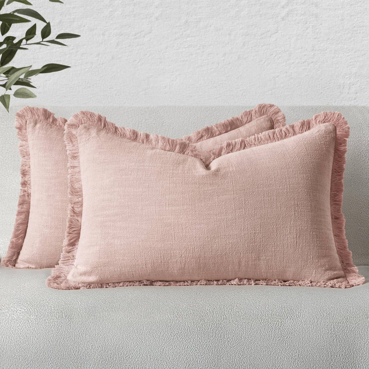 MIULEE Linen Fringe Decorative Throw Pillow Covers Natural Beige 20x20