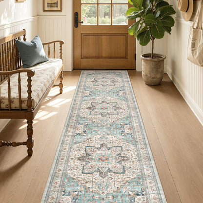 Tortania Area Rug 5x7 Living Room Rug Washable Soft Cream/Blue