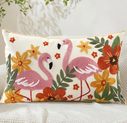 Animal Embroidered Throw Pillow Cover 18x18 Inch, Floral Birds