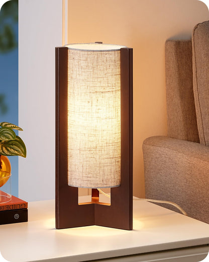 EDISHINE 13.5" Small Table Lamp, Walnut Wood Cylinder Nightstand Lamp, E26