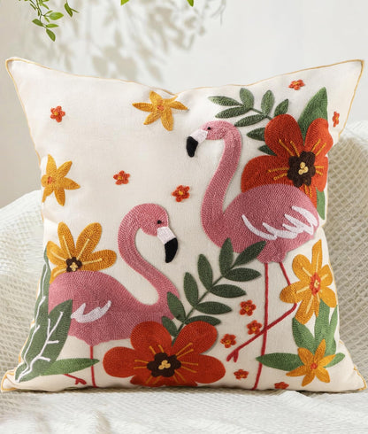Animal Embroidered Throw Pillow Cover 18x18 Inch, Floral Birds
