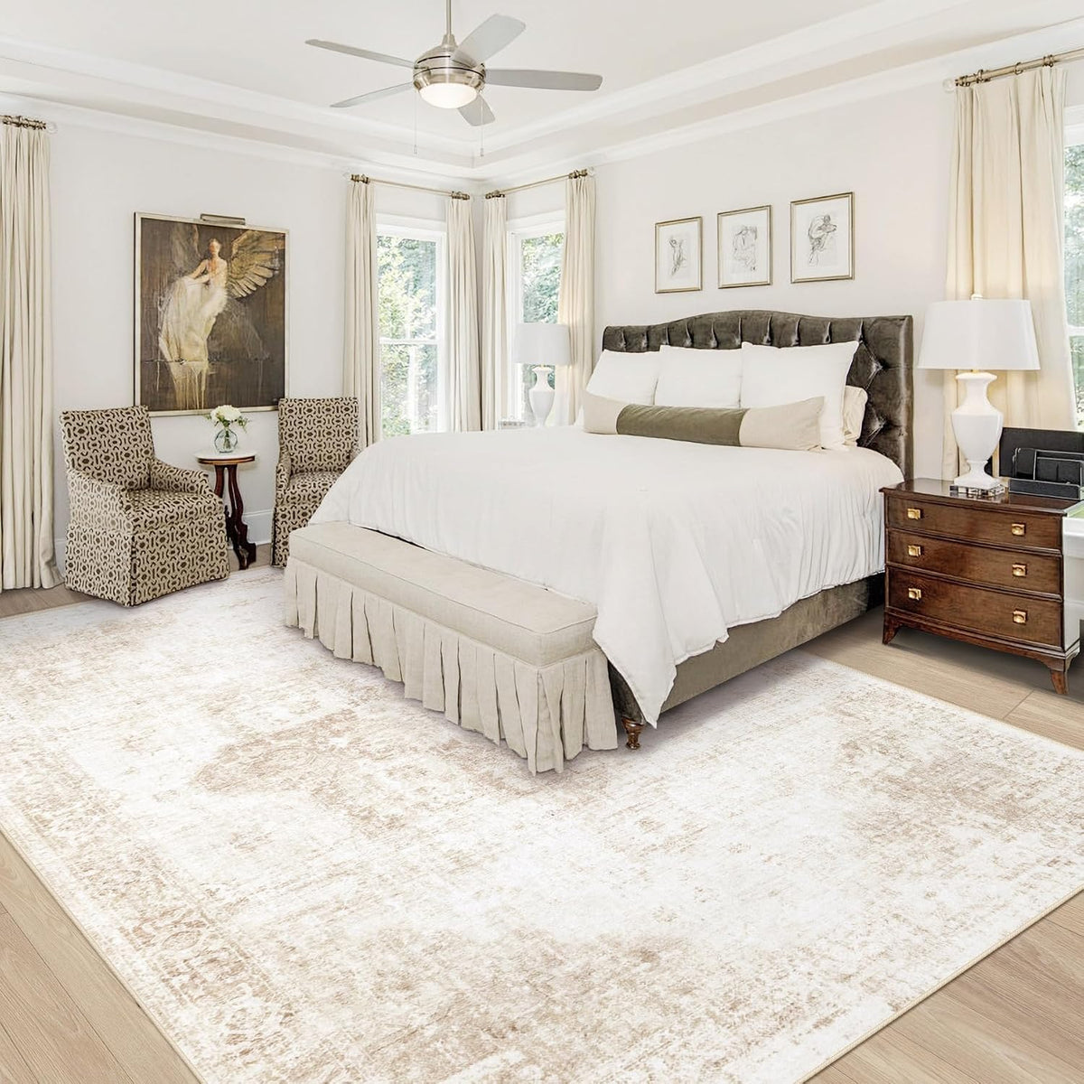 Area Rug 8x10 Washable Rug, Vintage Boho Medallion Rugs Non-Slip Soft Low Pile Large Distressed Rug Indoor Retro Carpet for Living Room Bedroom Dining Room Office Children's Room(Beige, 8'x10')