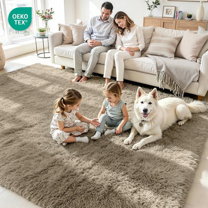 8x10 Fluffy Area Rug for Living Room: Non-Slip Grey Camel Bedroom Carpet