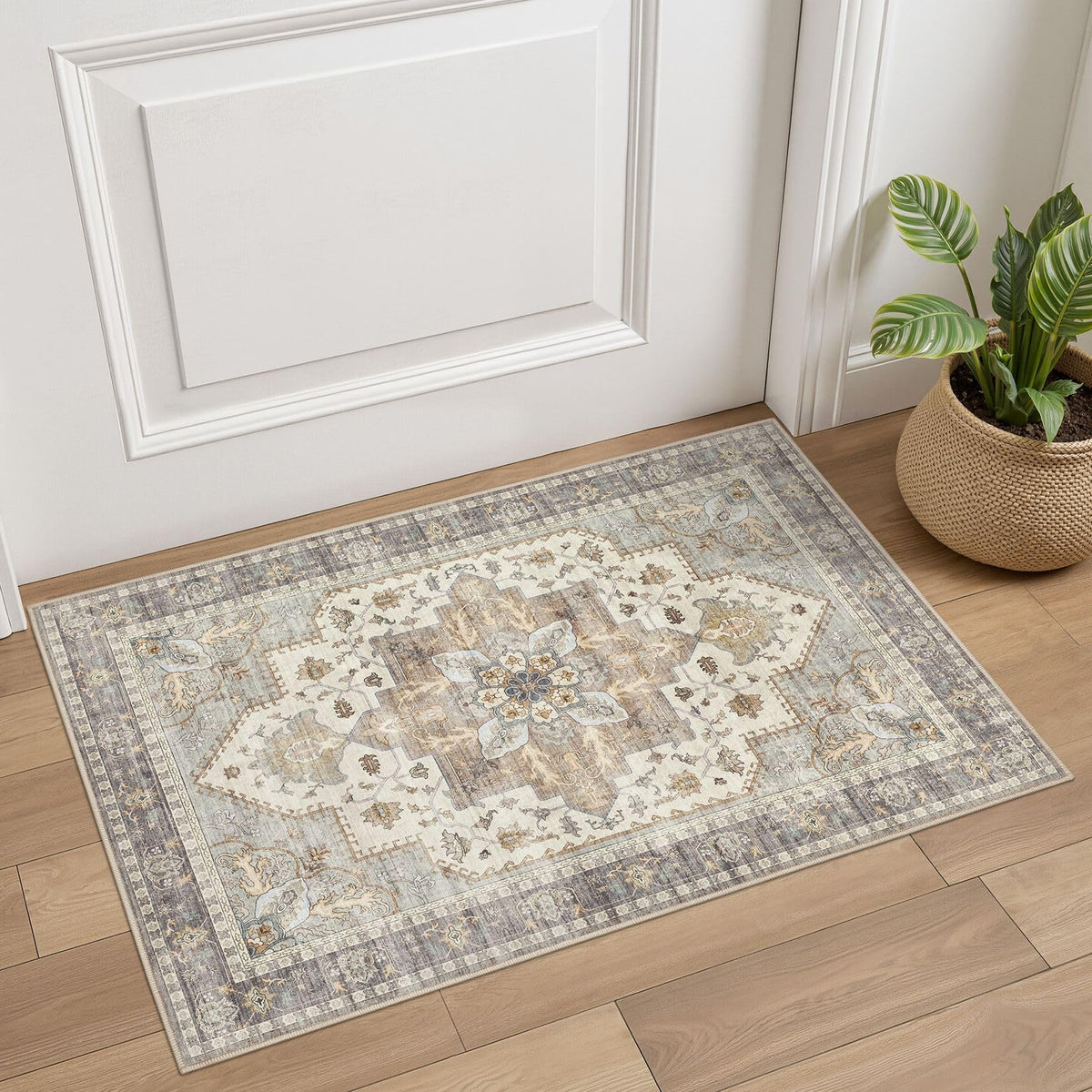 Tortania Area Rug 5x7 Living Room Rug Washable Soft Cream/Blue