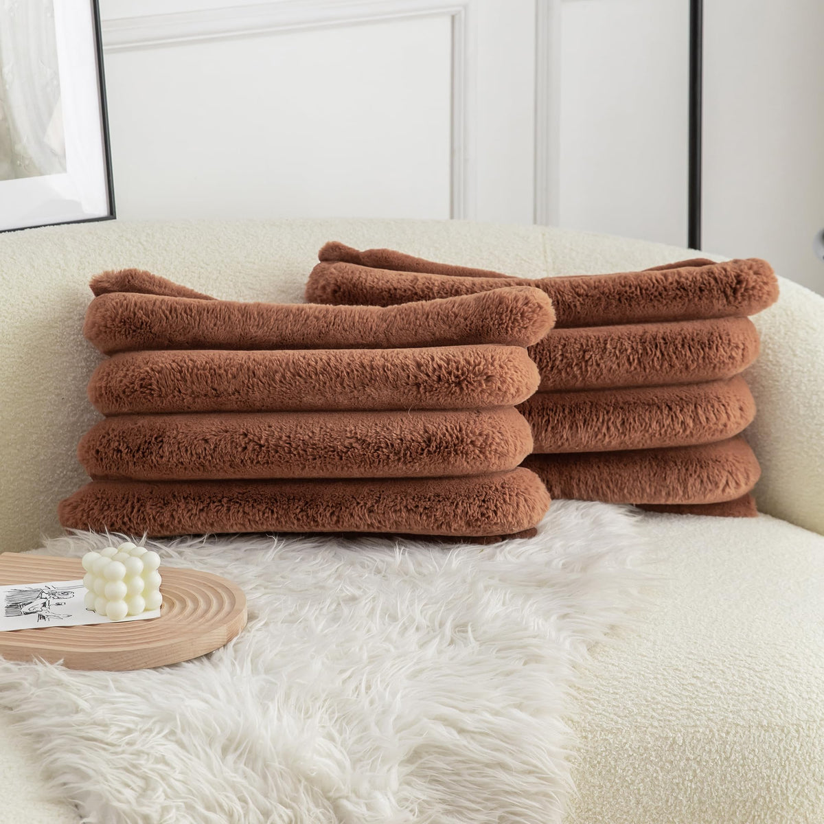 Neelvin Pink Faux Fur Cozy Soft Striped Decorative Throw Pillow Covers 18x18 inch Set of 2,Velvet Pillowcase Cushion Case for Sofa Couch
