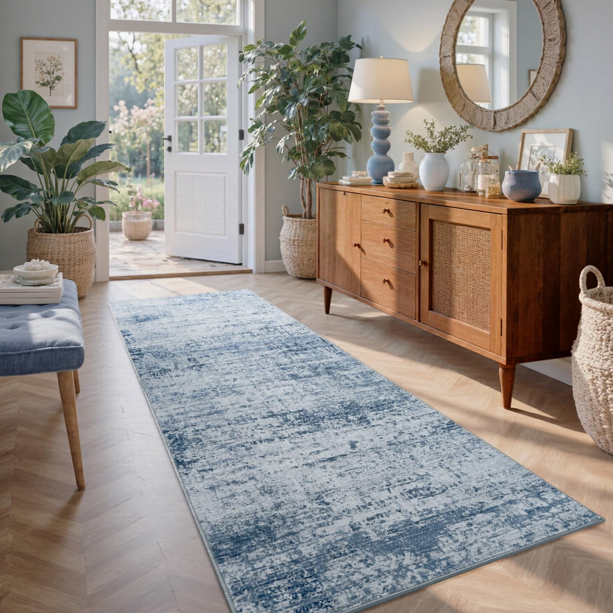 6x9 Ft Abstract Washable Area Rugs for Living Room Blue