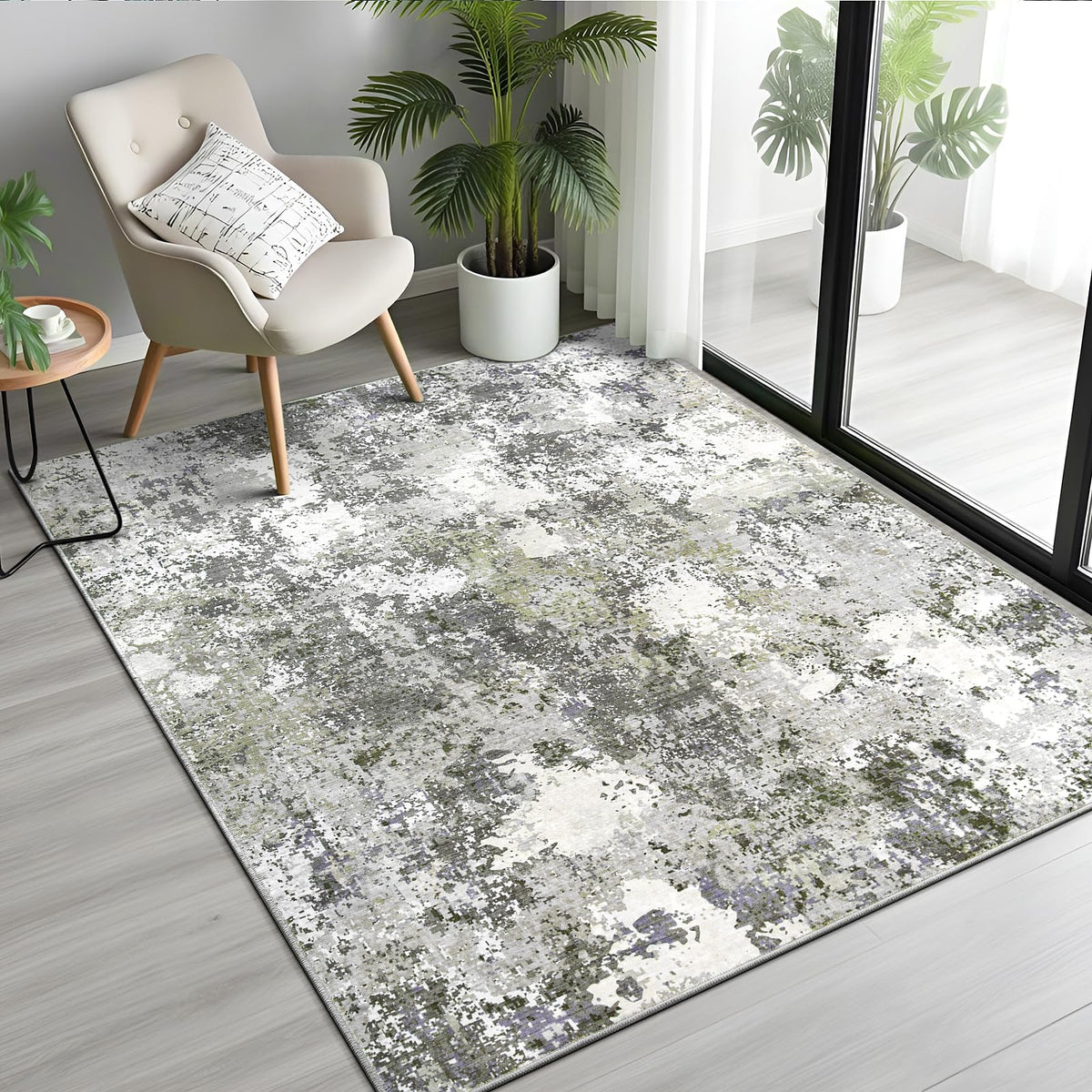 Modern Abstract 3x5 Rug, Non Slip Entryway Rug, Soft Machine Washable Rugs for Indoor Entry, Low Pile Stain Resistant Distressed Rug for Living Room, Bedroom, Dark Grey Blue
