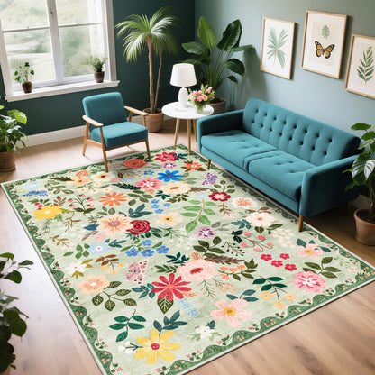 PLHXFR Area Rug Living Room: 5x7 Floral Washable Boho Carpet Dark Green