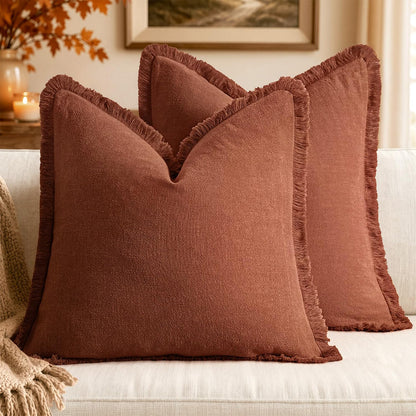MIULEE Linen Fringe Decorative Throw Pillow Covers Natural Beige 20x20