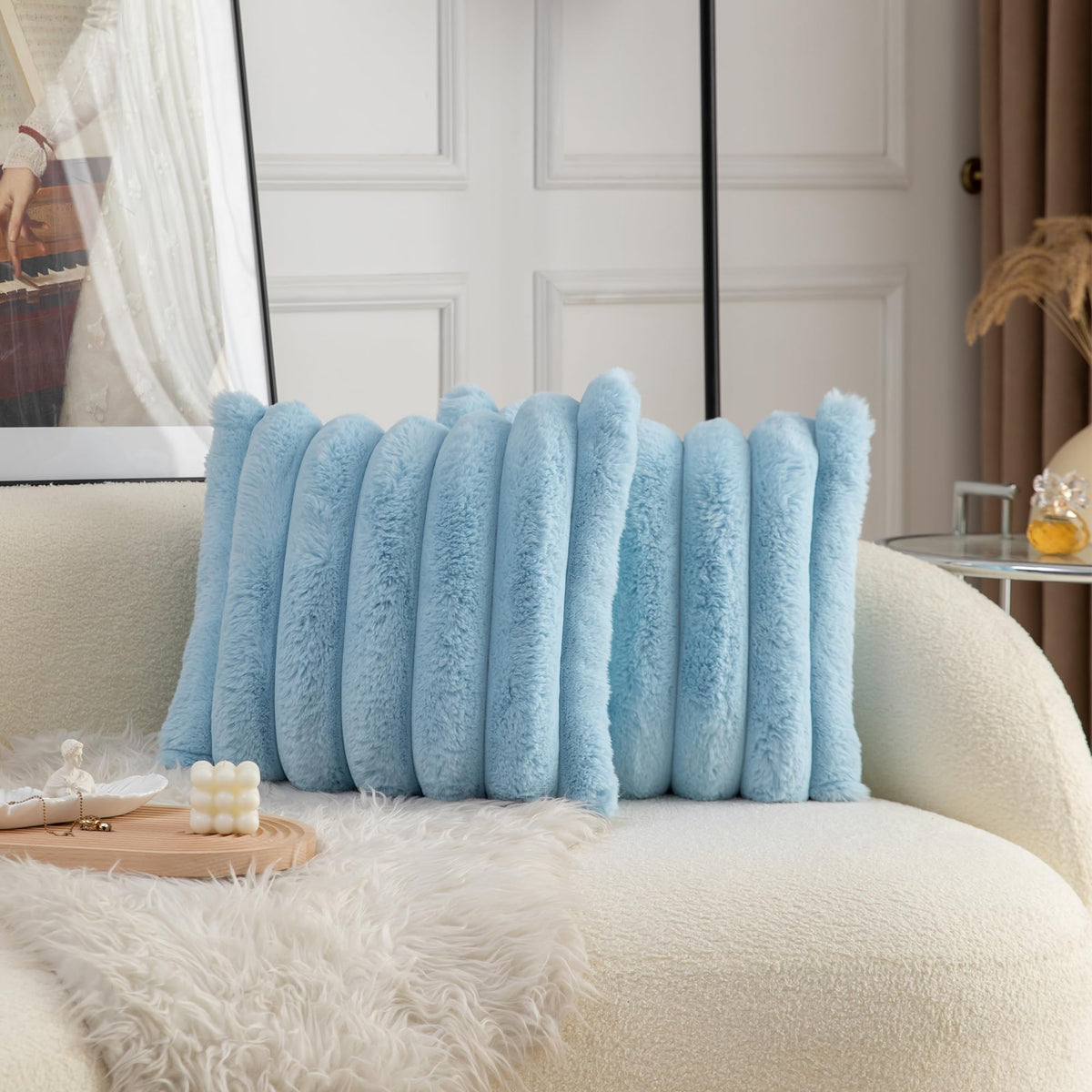 Neelvin Pink Faux Fur Cozy Soft Striped Decorative Throw Pillow Covers 18x18 inch Set of 2,Velvet Pillowcase Cushion Case for Sofa Couch