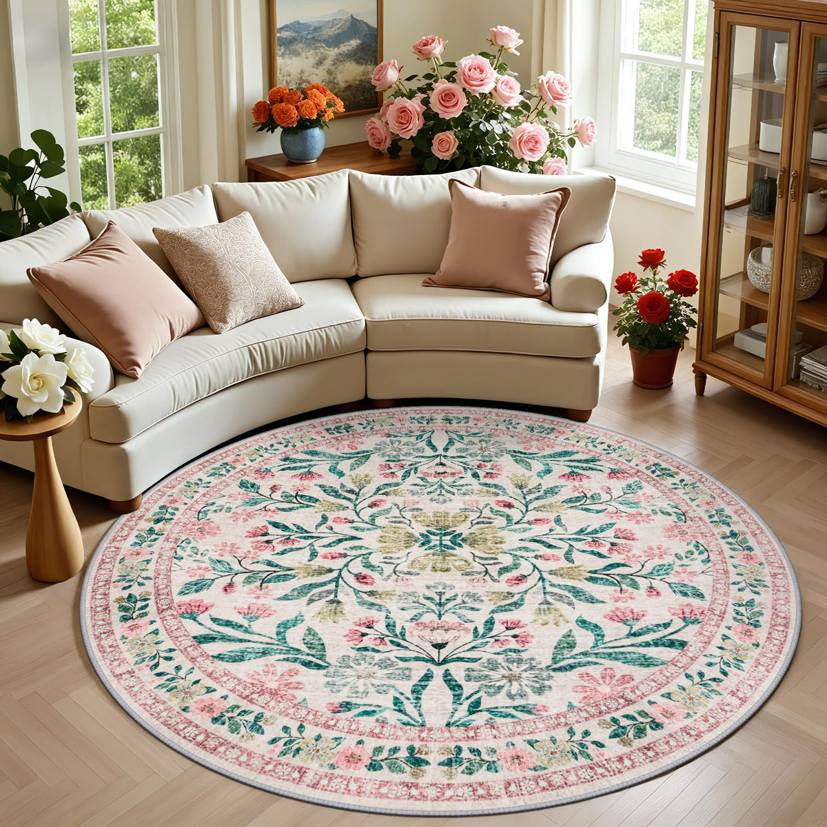 PLHXFR Area Rug Living Room: 5x7 Floral Washable Boho Carpet Dark Green