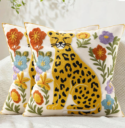 Animal Embroidered Throw Pillow Cover 18x18 Inch, Floral Birds