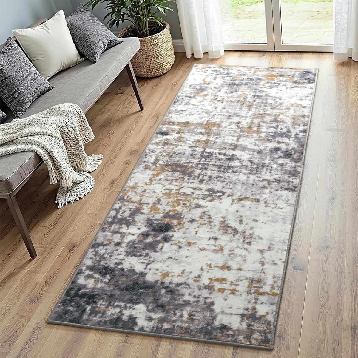 Modern Abstract 3x5 Rug, Non Slip Entryway Rug, Soft Machine Washable Rugs for Indoor Entry, Low Pile Stain Resistant Distressed Rug for Living Room, Bedroom, Dark Grey Blue