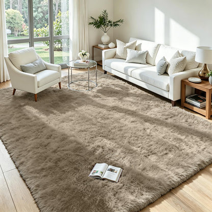 8x10 Fluffy Area Rug for Living Room: Non-Slip Grey Camel Bedroom Carpet