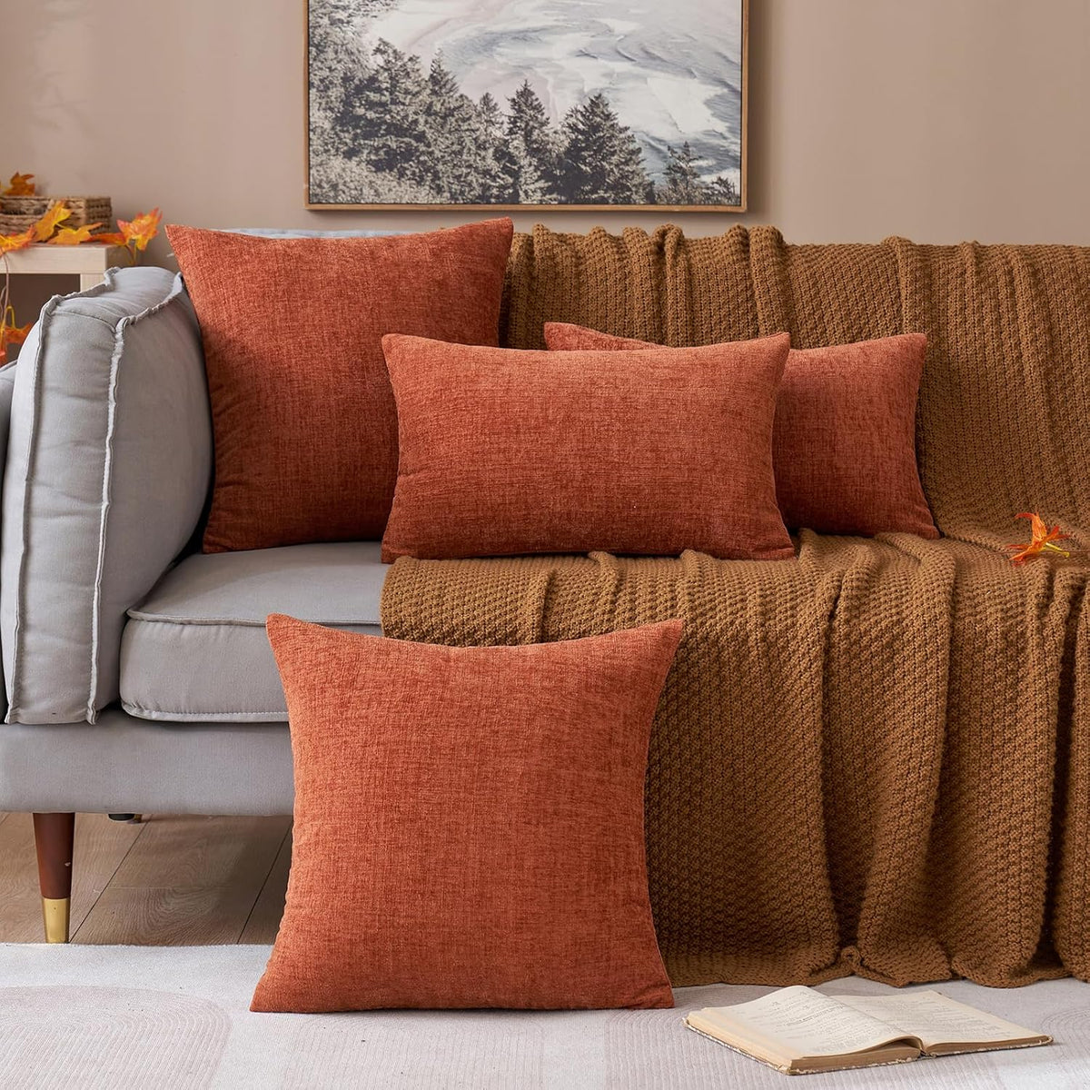 MIULEE Soft Chenille Fall Throw Pillow Covers Burnt Orange 18x18 Pack of 2