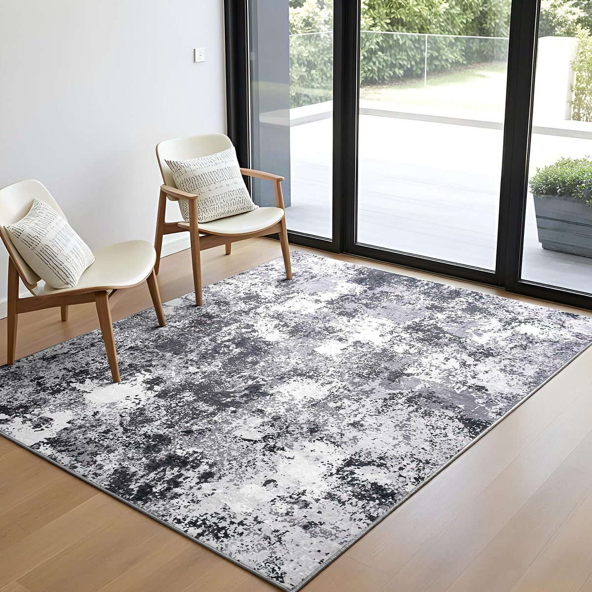 Modern Abstract 3x5 Rug, Non Slip Entryway Rug, Soft Machine Washable Rugs for Indoor Entry, Low Pile Stain Resistant Distressed Rug for Living Room, Bedroom, Dark Grey Blue