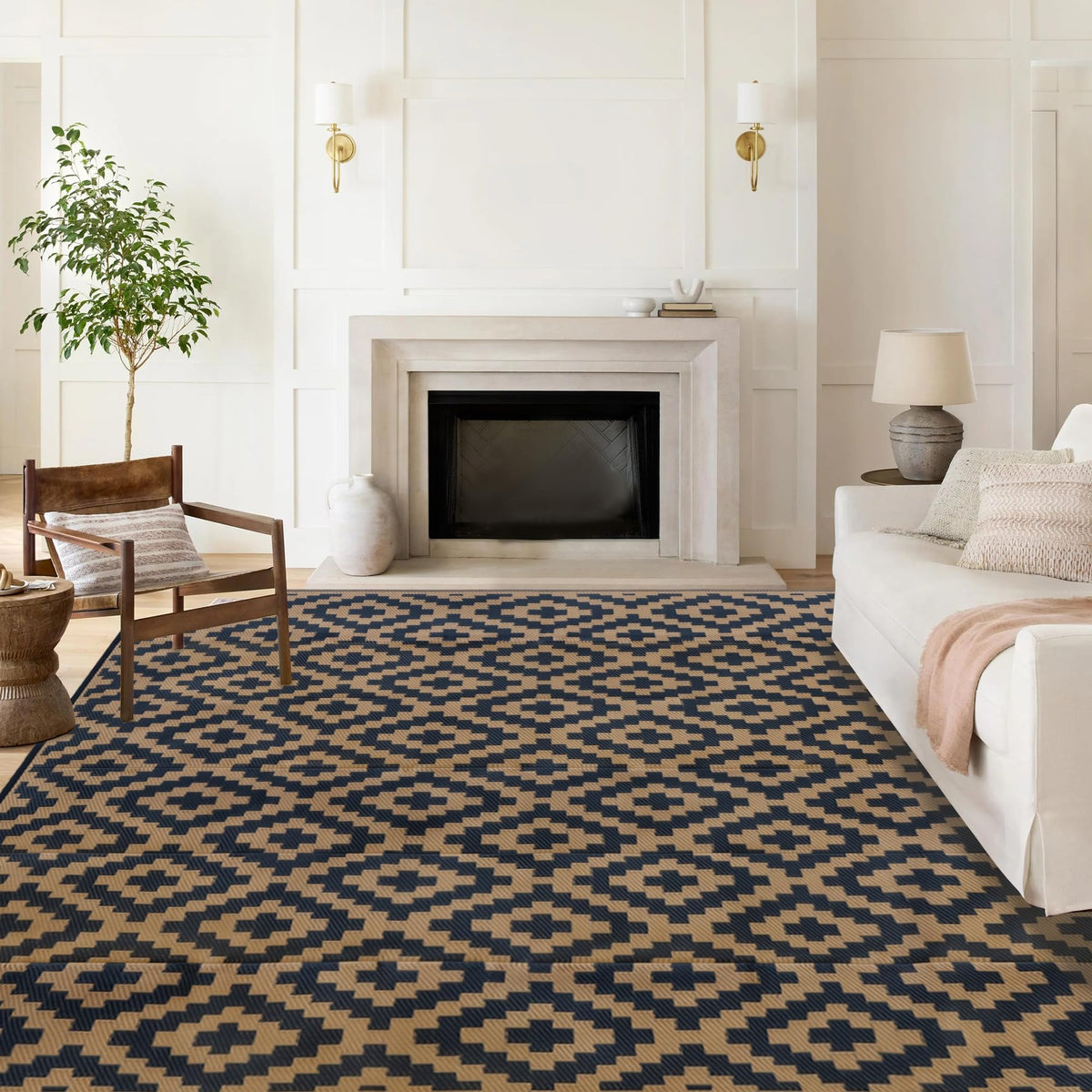 SAND MINE Waterproof Outdoor Rug 5x8 ft, Plastic Reversible Rug, Modern Area Rug, Large Floor Mat for Outdoors, RV, Patio, Backyard, Deck, Picnic, Beach, Camping, Black & Beige