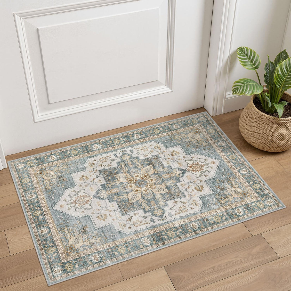 Tortania Area Rug 5x7 Living Room Rug Washable Soft Cream/Blue