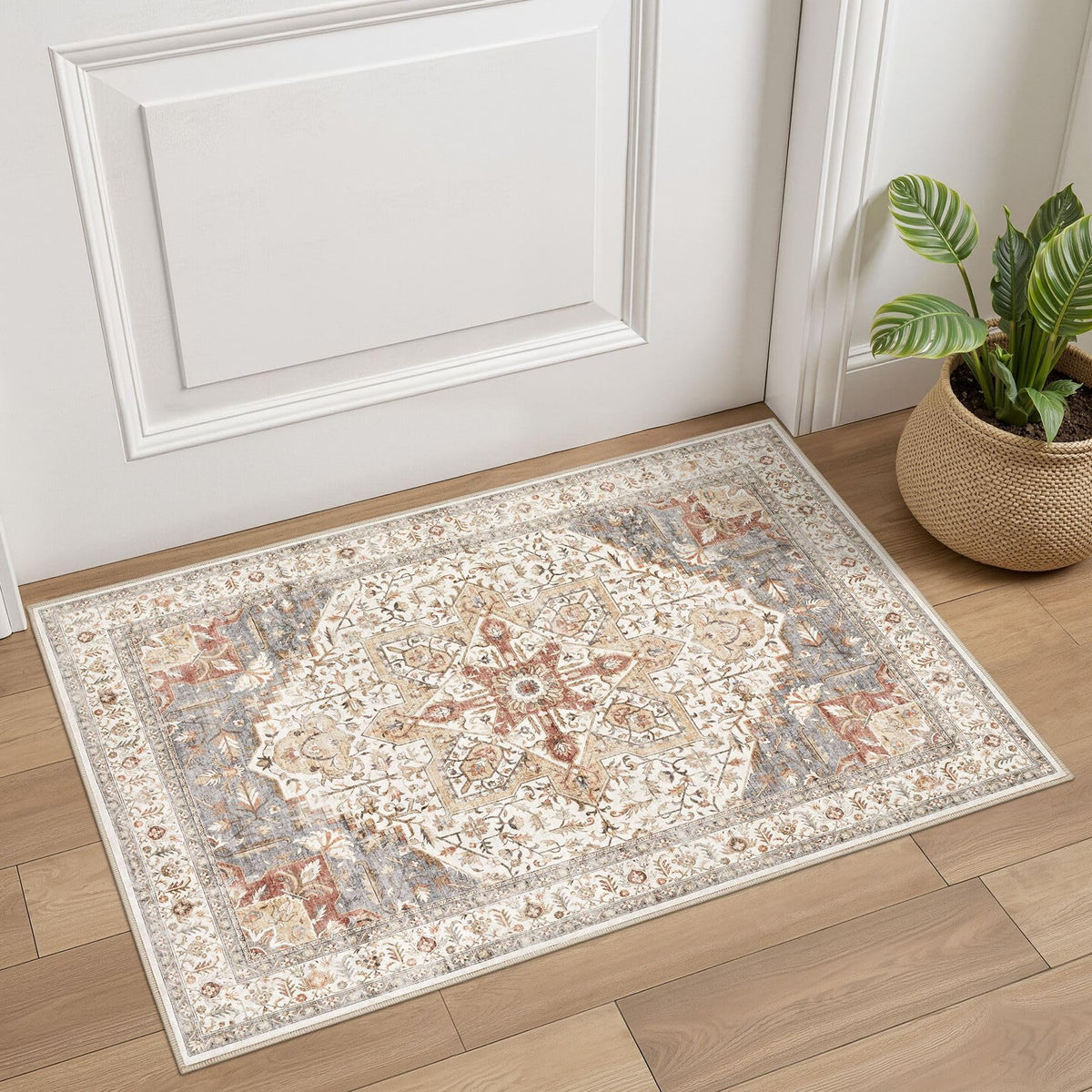 Tortania Area Rug 5x7 Living Room Rug Washable Soft Cream/Blue