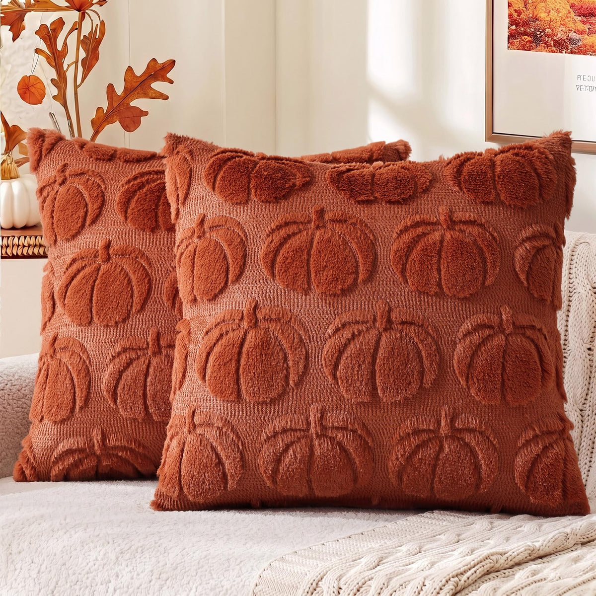 decorUhome Light Rust Pumpkin Faux Fur Throw Pillow Covers 18x18 Set of 2